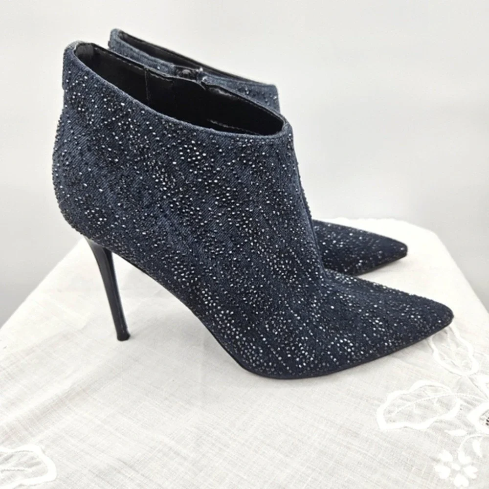 GUESS‎ Womens Dark Blue Denim Rhinestone Pointed Toe Stiletto Ankle Boots Zip
